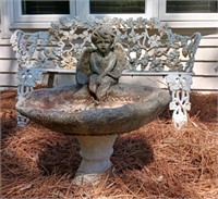 Concrete Birdbath and Cast Iron Bench