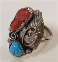 Unmarked Turquoise & Coral Ring