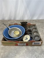 Enamelware mixing bowls, strainer, measuring cup,