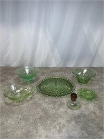 Green depression glass platters and bowls