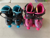 Two pair of kids adjustable rollerskates