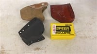 Lot of Three Gun Holsters and 35cal, 180Gr Bullets