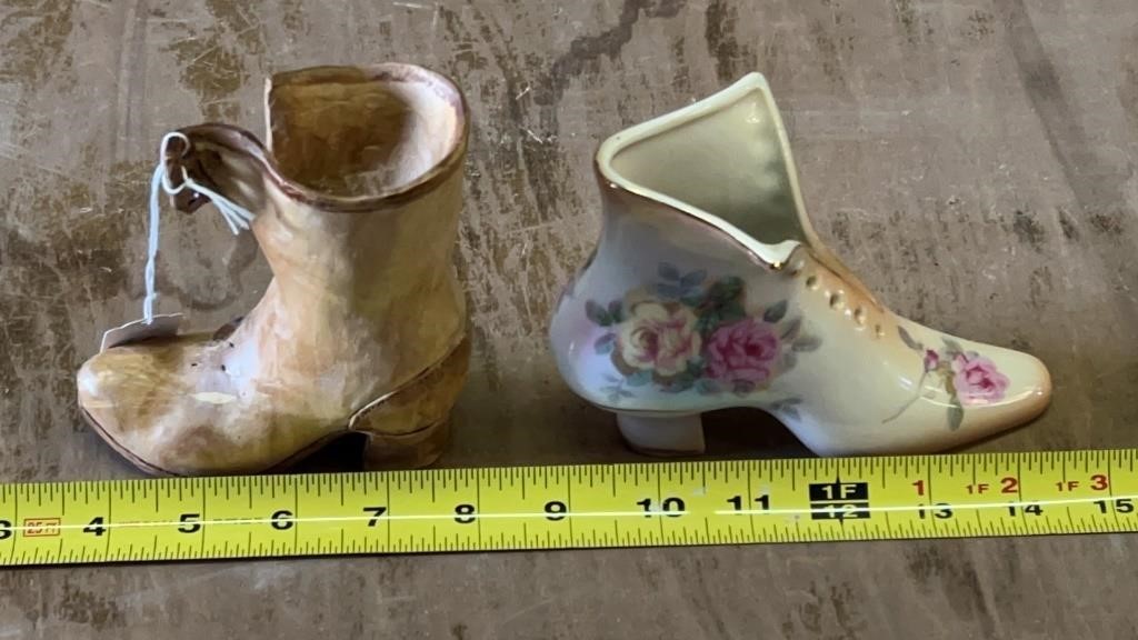 Hand Carved Wood Boot & Porcelain Boot