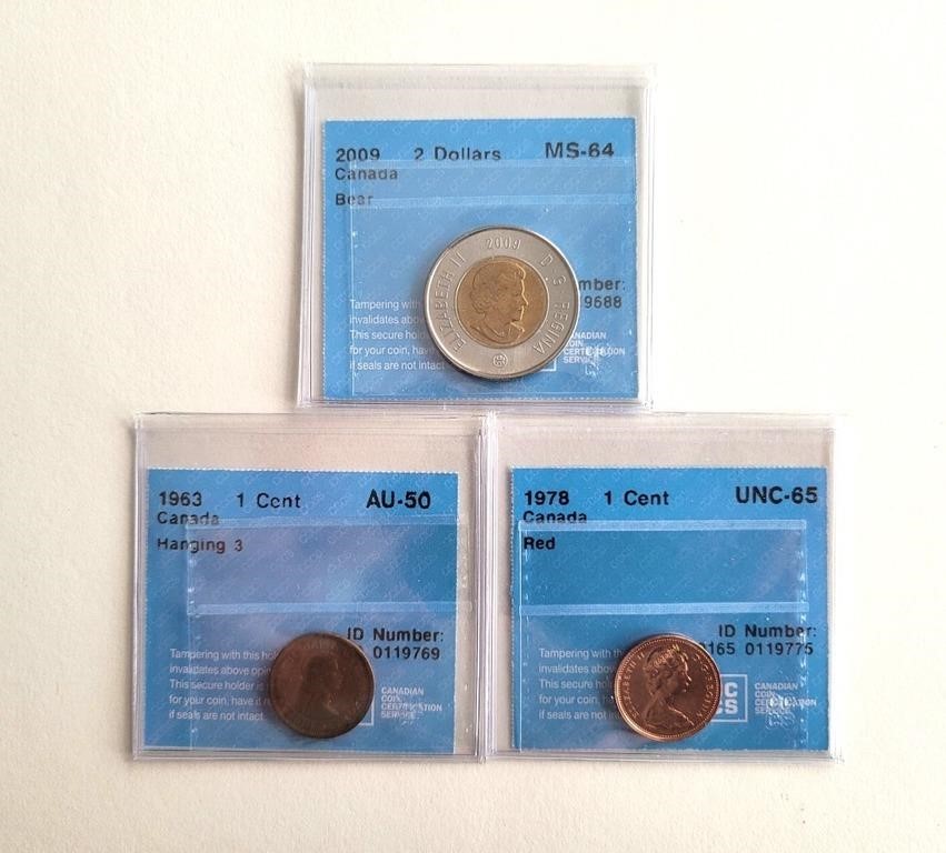 3 pièces certifié 1X $0,01 1963 HANGING 3 AU-50 1