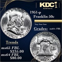 1951-p Franklin Half Dollar 50c Grades Choice Unc+