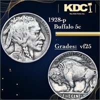 1928-p Buffalo Nickel 5c Grades vf+