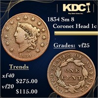 1834 Sm 8 Coronet Head Large Cent 1c Grades vf+