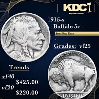 1915-s Buffalo Nickel 5c Grades vf+