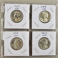 4ct 1964 Washington Silver Quarters Unc