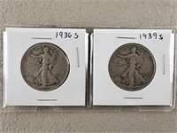 1936 S & 1939 S Liberty Silver Half Dollars