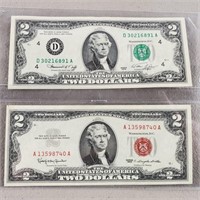 2ct $2 US Notes 1963 Red Seal 1976 Green Seal