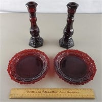Avon Ruby Cape Cod Candle Holders & Plates