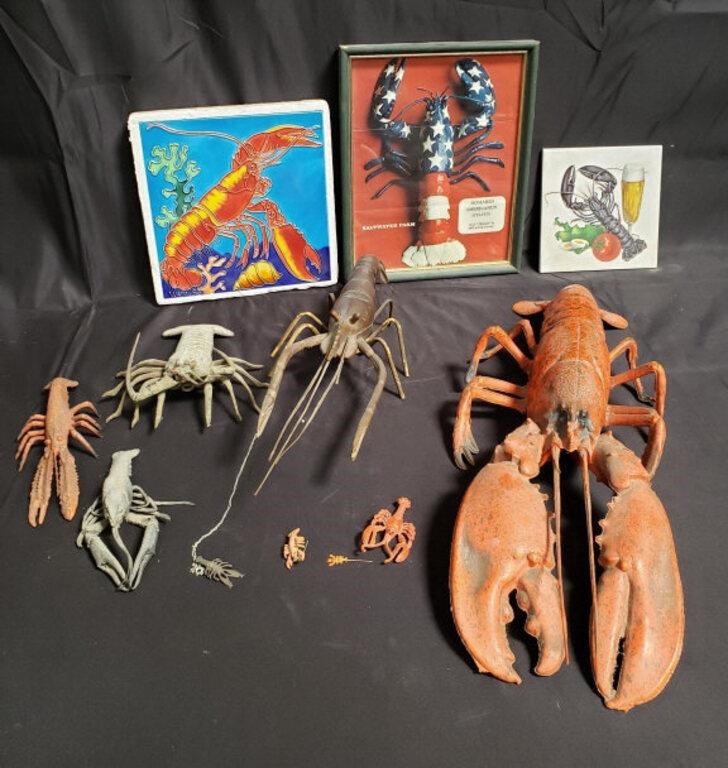 Group of lobster figurines, lobster items, etc.