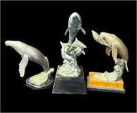 Group of 3 metal dolphin & whale statues