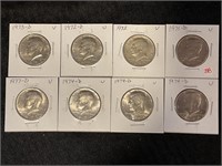 Eight assorted date Kennedy half dollars