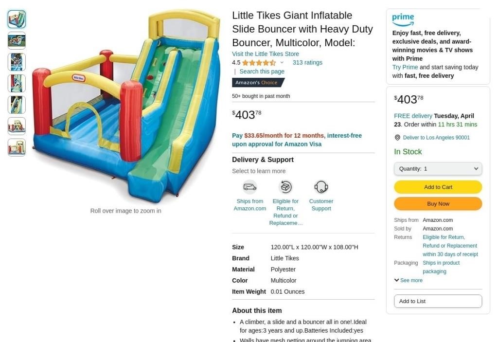 FB2774  Little Tikes Giant Inflatable Slide Bounce
