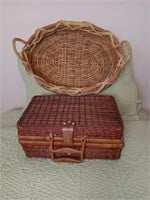 Lot Of Wicker Tray And Woven Picnic Basket
