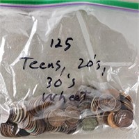 125ct 1910s, 1920s, 1930s Wheat Pennies