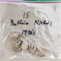 15ct Buffalo Nickels 1930s