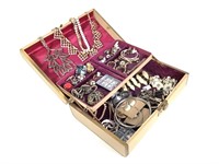 Tan Jewelry Box w/ Mixed Jewelry