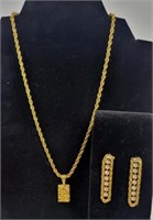 Gold Tone Nugget Pendent on Rope Chain & Earrings