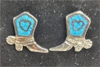 Earrings-Silver Tone Boots w/Blue Inlays