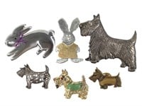 6 Pins Brooches Dogs & Rabbits Some Sterling