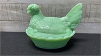 Jadeite Hen On Nest Covered Candy Dish 7" Long X 5