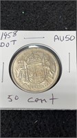 1958 Canadian Dot Silver 50 Cent Coin