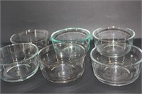 SET OF 2 CUP BOWLS (1 PYREX, 5 ANCHOR HOCKING)