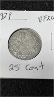 1929 Canadian Silver 25 Cent Coin