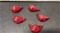 5 Red Glass Bird Ornaments 5.5" Long