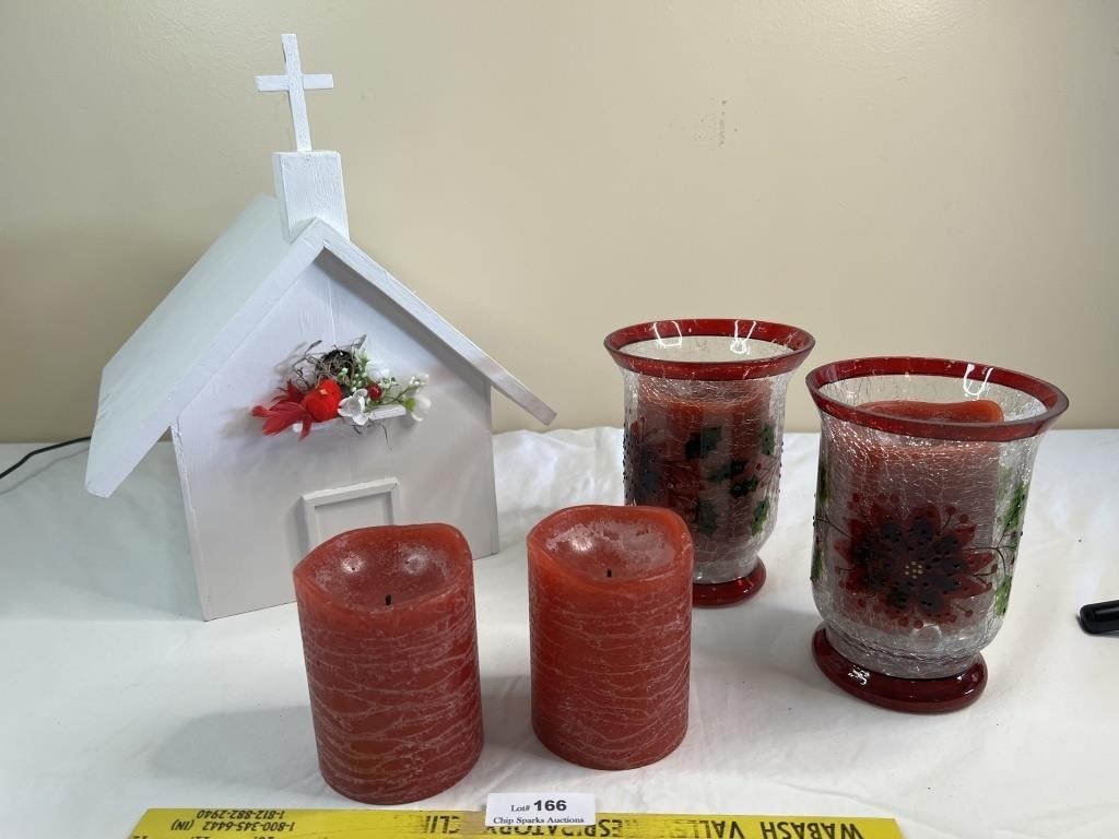 Wooden Decorative Country Church & Candles Lot