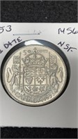 1953 Canadian Silver 50 Cent Coin