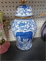 Blue and White Ceramic Elephant Vase w/ Lid
