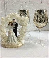 Wedding Cake Topper & 2 Wine Glasses M13B