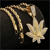 Marijuana Leaf Pendant 24" Rope Chain Cubic Zirco