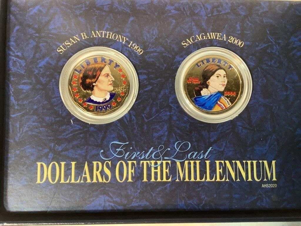 2 Painted Dollar Coins, Susan B Anthony, Sacagawea