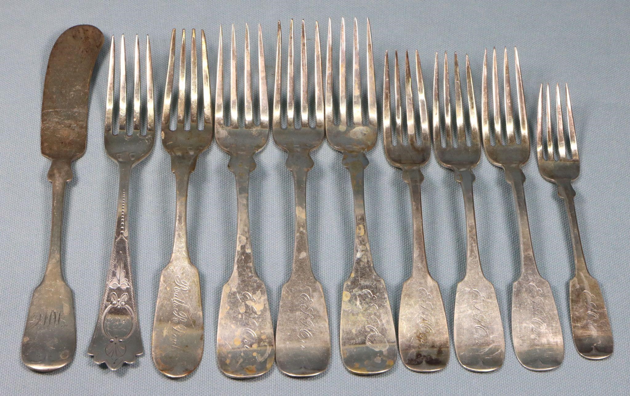 (10) American Coin Silver Forks, Butter Knife