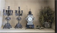 Clock, Candelabras, Brass Desk Top Inkwell