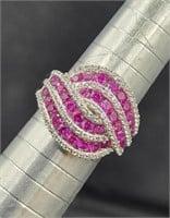 Sterling Ruby Pave Dinner Ring Sz 6.75 Lab Grown