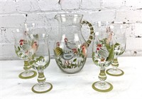 Handpainted Rooster Glass Pitcher & Glasses