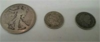 Bag-Liberty 1/2 Dollar, 1867 3 Cent ,1916 Barber