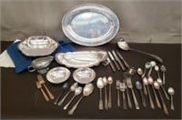 Lot of Silverplate. Platter, Dishes, Flatware &