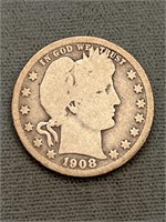 1908 O Barber Silver Quarter