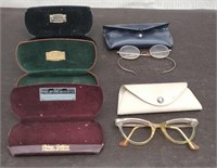 Box 2 Pair Vintage Eye Glasses, 3 Glass Cases