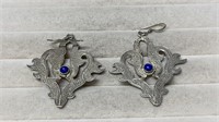 Sterling Silver Large Ornate Blue Stone Earrings 9