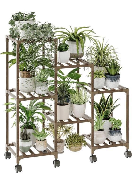 BAMWORLD PLANT STAND WITH WHEELS 3 TIRE 7 POTTED