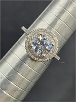 Sterling Round Halo Created Moissanite? Ring Sz 8