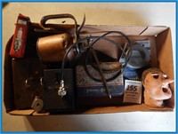 OIL CAN- VINTAGE FIRST AID BOX-SPARK PLUG AND
